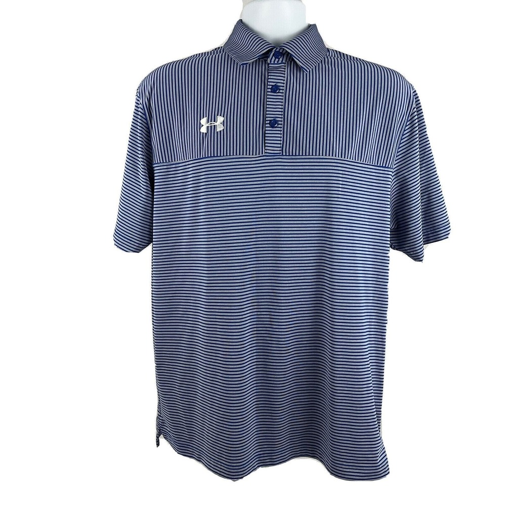 Under‎ Armour HeatGear Loose Men's Golf Polo Size Medium Blue Striped Breathable